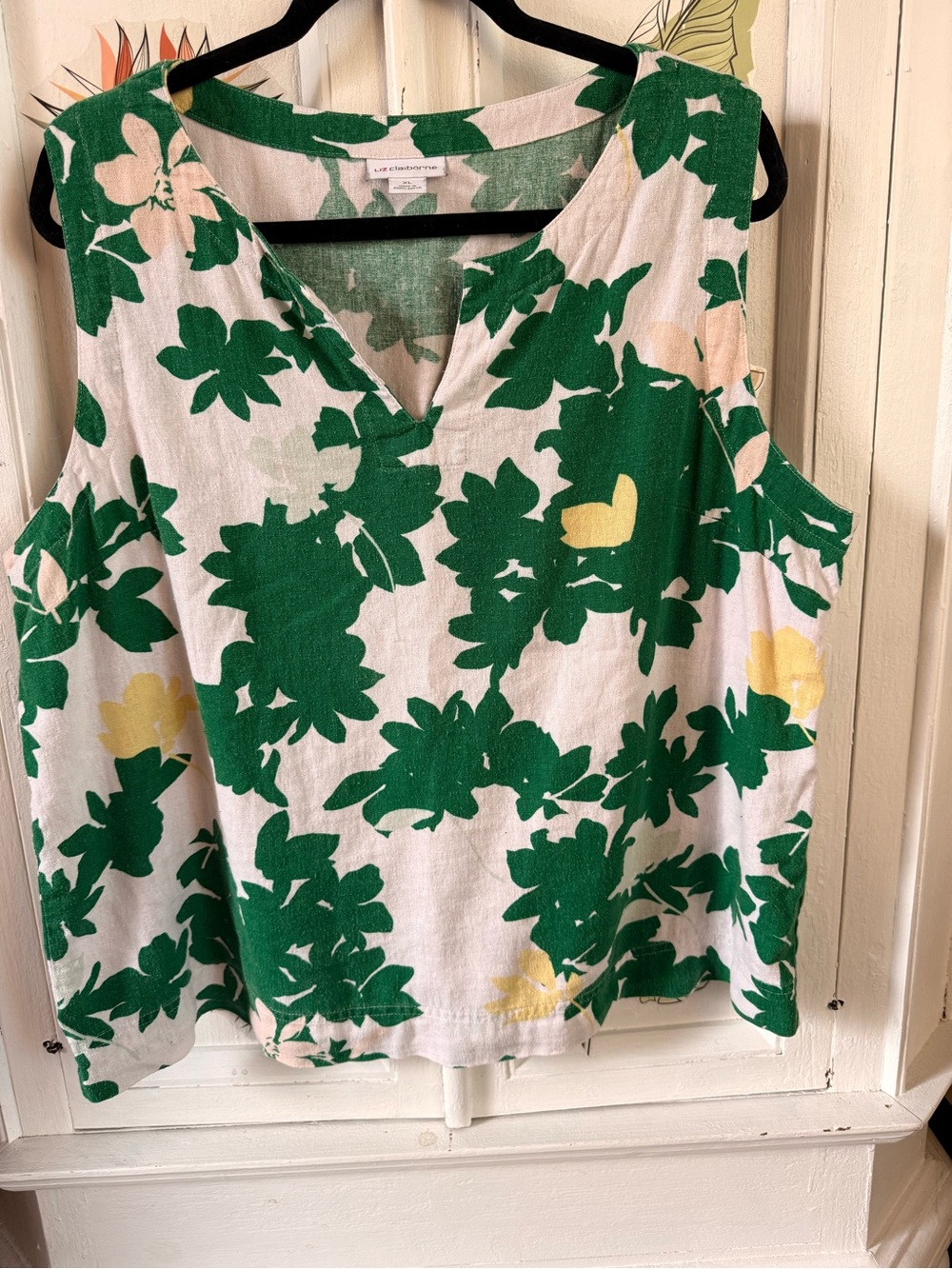 Liz Claiborne White Tank Top with Green and Yellow Floral Print